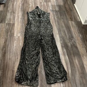 ANTHROPOLOGIE Maeve Sequin Halter Jumpsuit Black Silver Low Neck Size 14 - FLAW